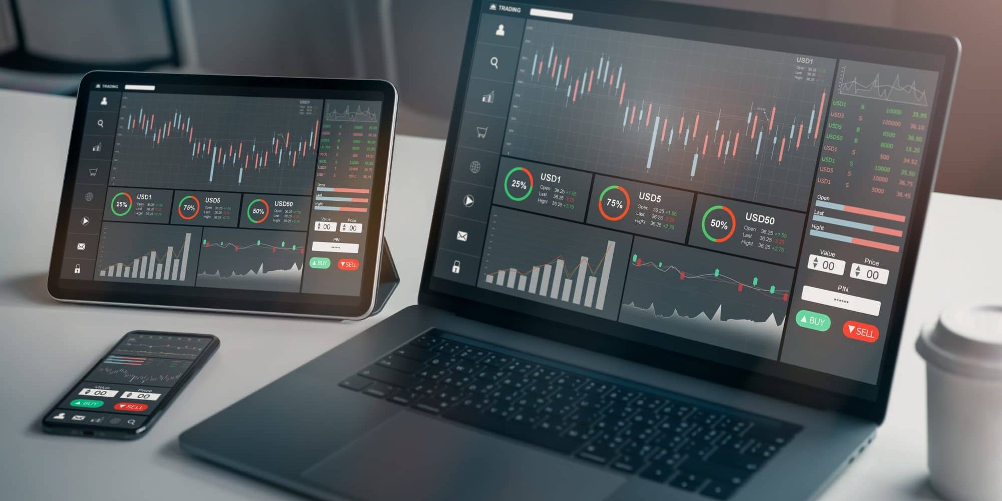 Stock exchange market concept, laptop and tablet, smartphone on the table with graphs analysis candle line in office room, diagrams on screen.
