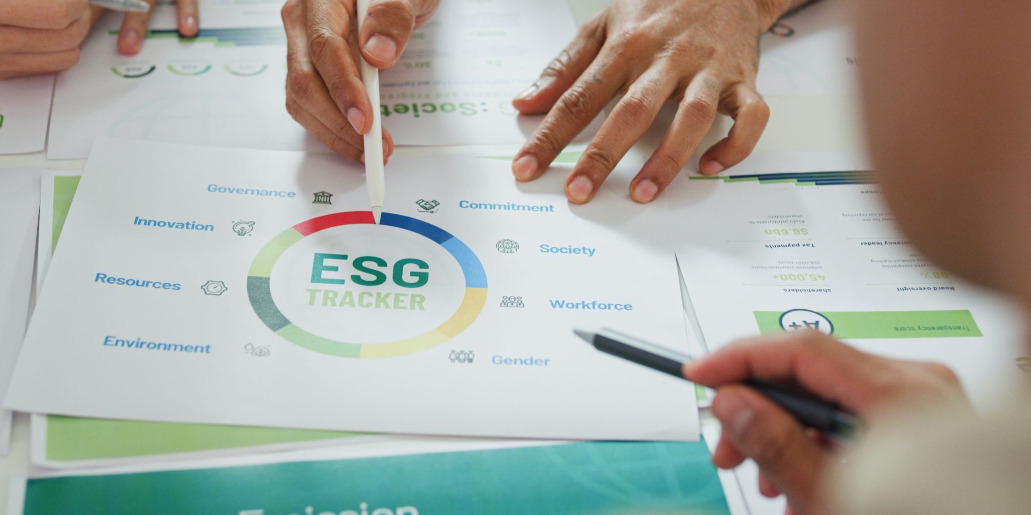 Closeup group Asia businesspeople talk ESG strategies risk manag