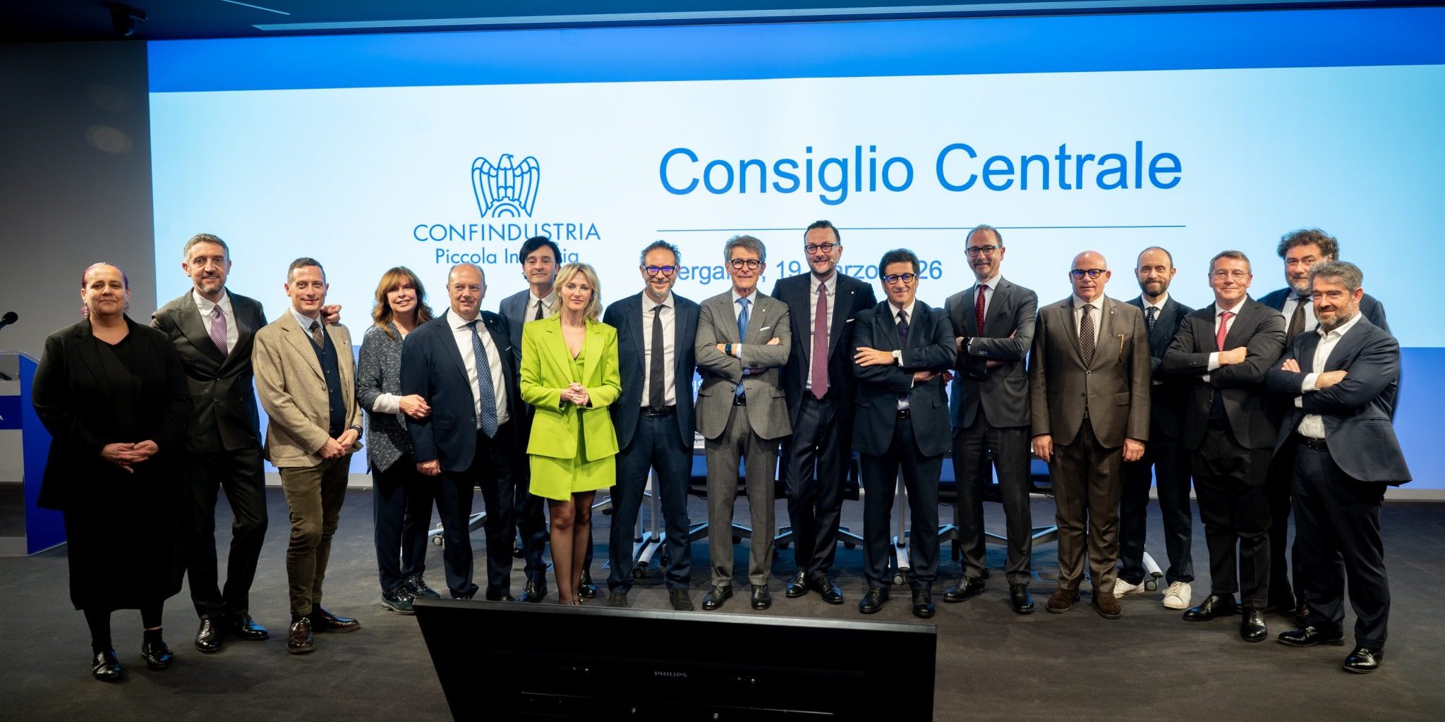 La squadra di presidenza della Piccola Industria Confindustria durante il Consiglio Centrale di Bergamo, prima tappa del percorso dei Centrali itineranti.