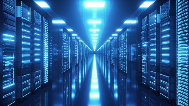 Data center with endless servers. Network and information servers behind glass panels. Cloud computing data storage. 4K high quality loop animation Dai data center alle AI Factories, l’Europa accelera su infrastrutture digitali, cybersicurezza e autonomia tecnologica.
