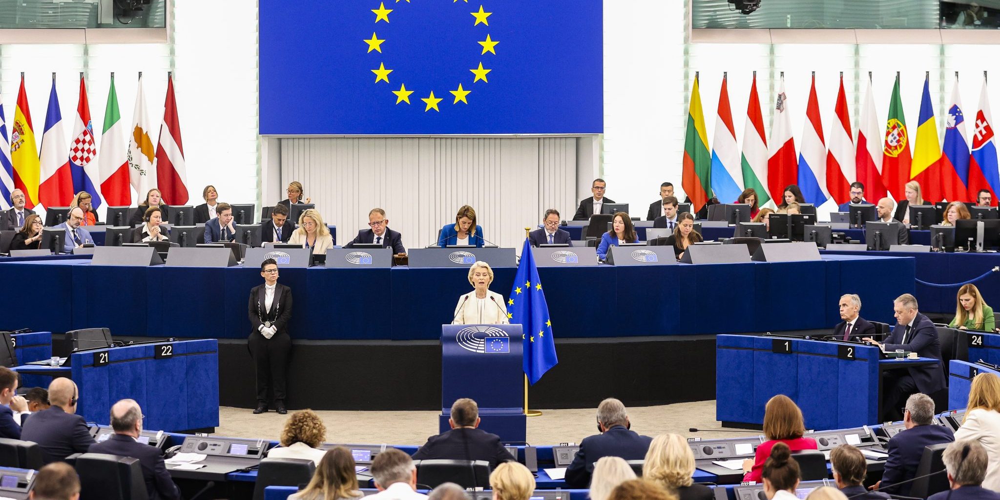 Ursula von der Leyen durante il Discorso sullo Stato dell’Unione 2026 al Parlamento europeo.