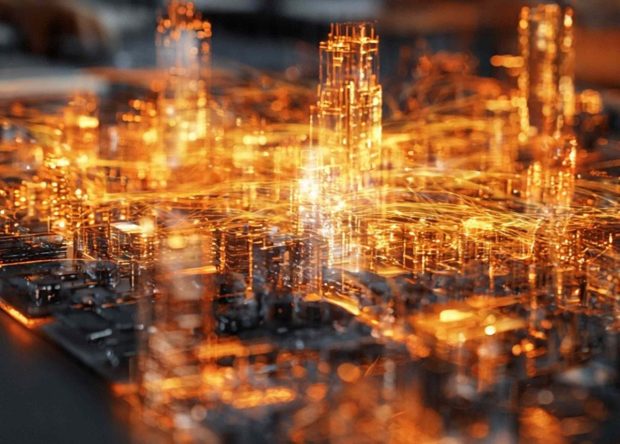 Close-up shot of a large model of a modern city.