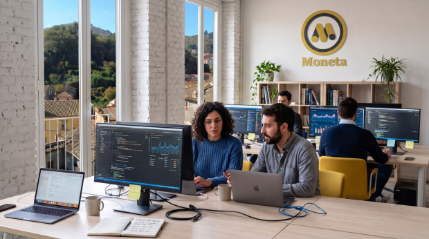 UFFICIO Il team di Moneta nella sede della startup a Canepina, in provincia di Viterbo.